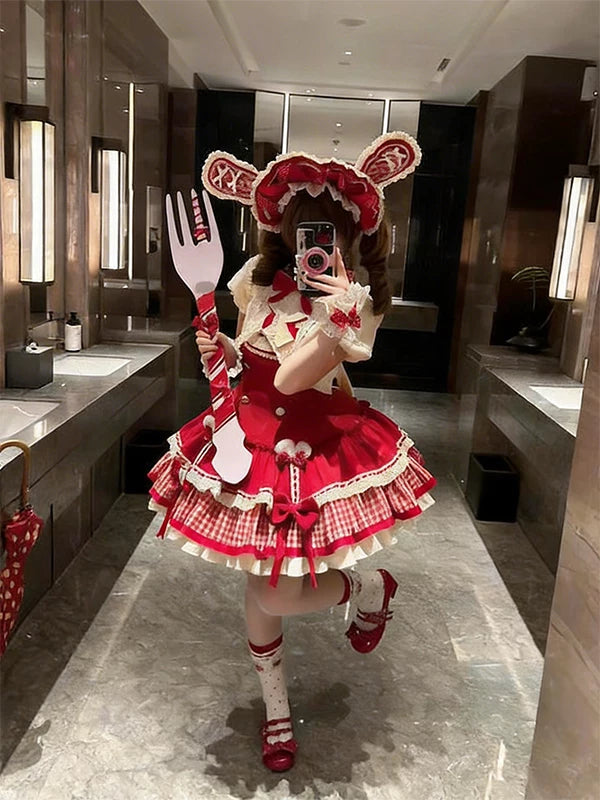 Creamy - Apple Rabbit - Red Short-Sleeve Outerwear and JSK Dress Set