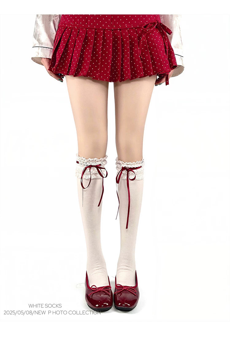 White Socks - Ribbon Ballet - Lace-Trim Slouch Socks with Ribbon Ties