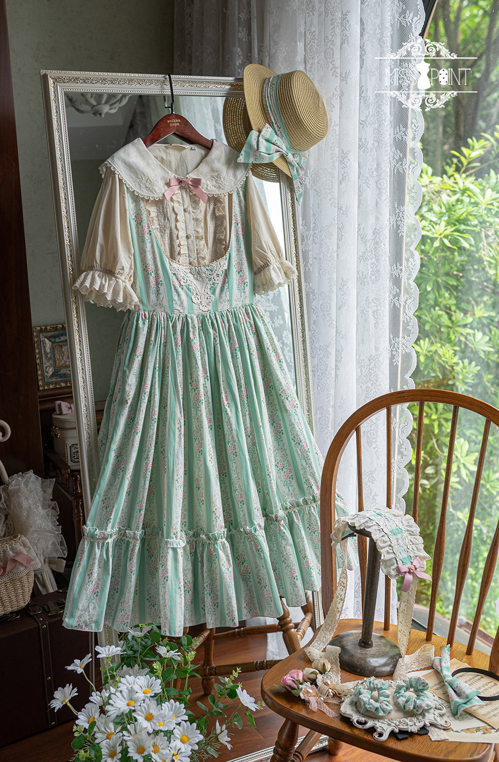 Happy Summer - Elegant Lolita Floral JSK Dress XS green stripe JSK