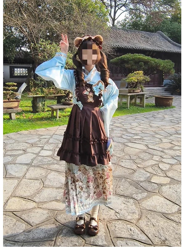 Creamy - Mint Bear Ming-Style Set - Lolita fashion set with a blue top and coffee-colored embroidered overskirt