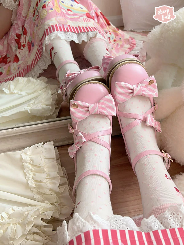 Sheep Puff Candy Tea 2.0 low heel Lolita shoes featuring a cute sheep puff design and pastel-colored details.