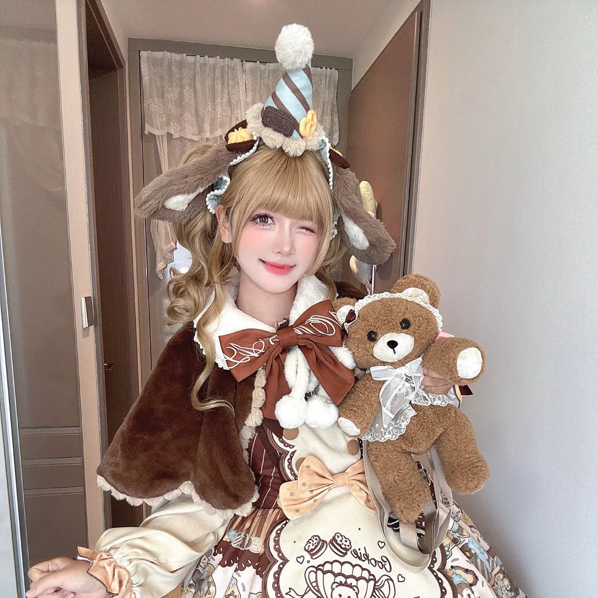 Star Fantasy - Bear Biscuit - Brown Cape with White Pom-Pom Trim