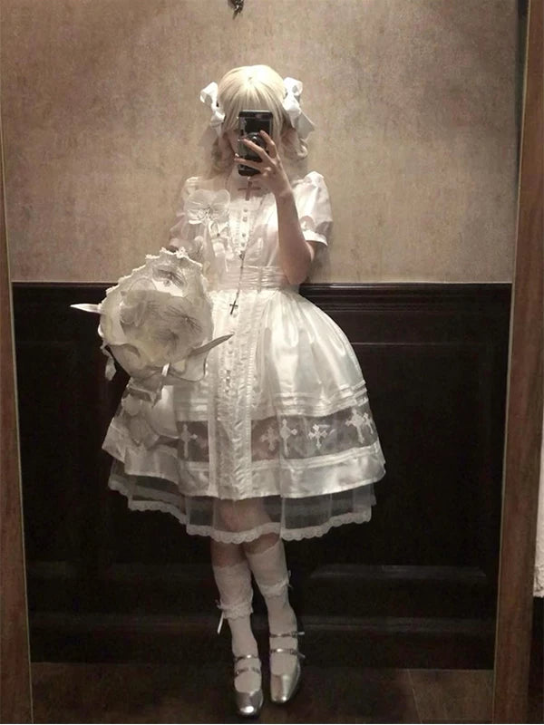 Creamy - White Gothic - Short-Sleeve High-Collar OP Dress with Chest Accessory