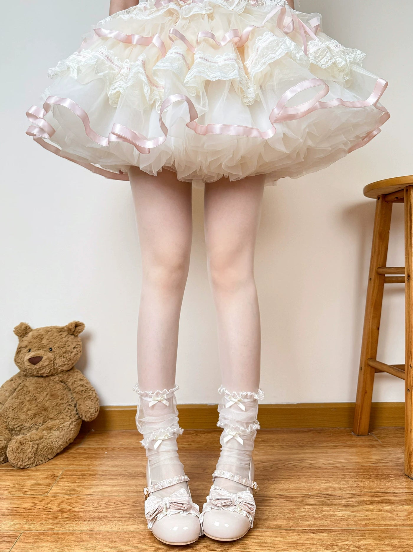 Chubby Bear Tales - Ballet Mesh Bow - Sheer Mesh Mid-Calf Socks with Ruffle Trim