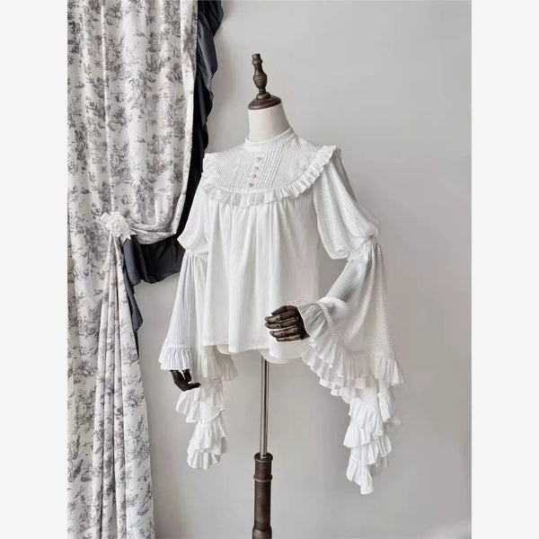 Pleated ruffle blouse with a high collar and long flared sleeves shown on a mannequin.