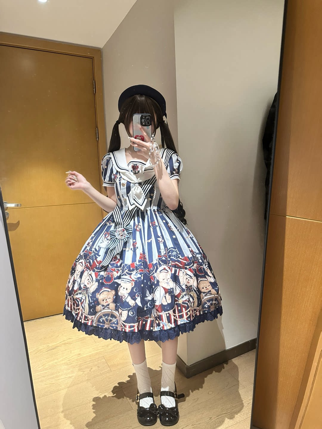 Alice - Navy Bear - OP one-piece dress with sailor collar and teddy bear print