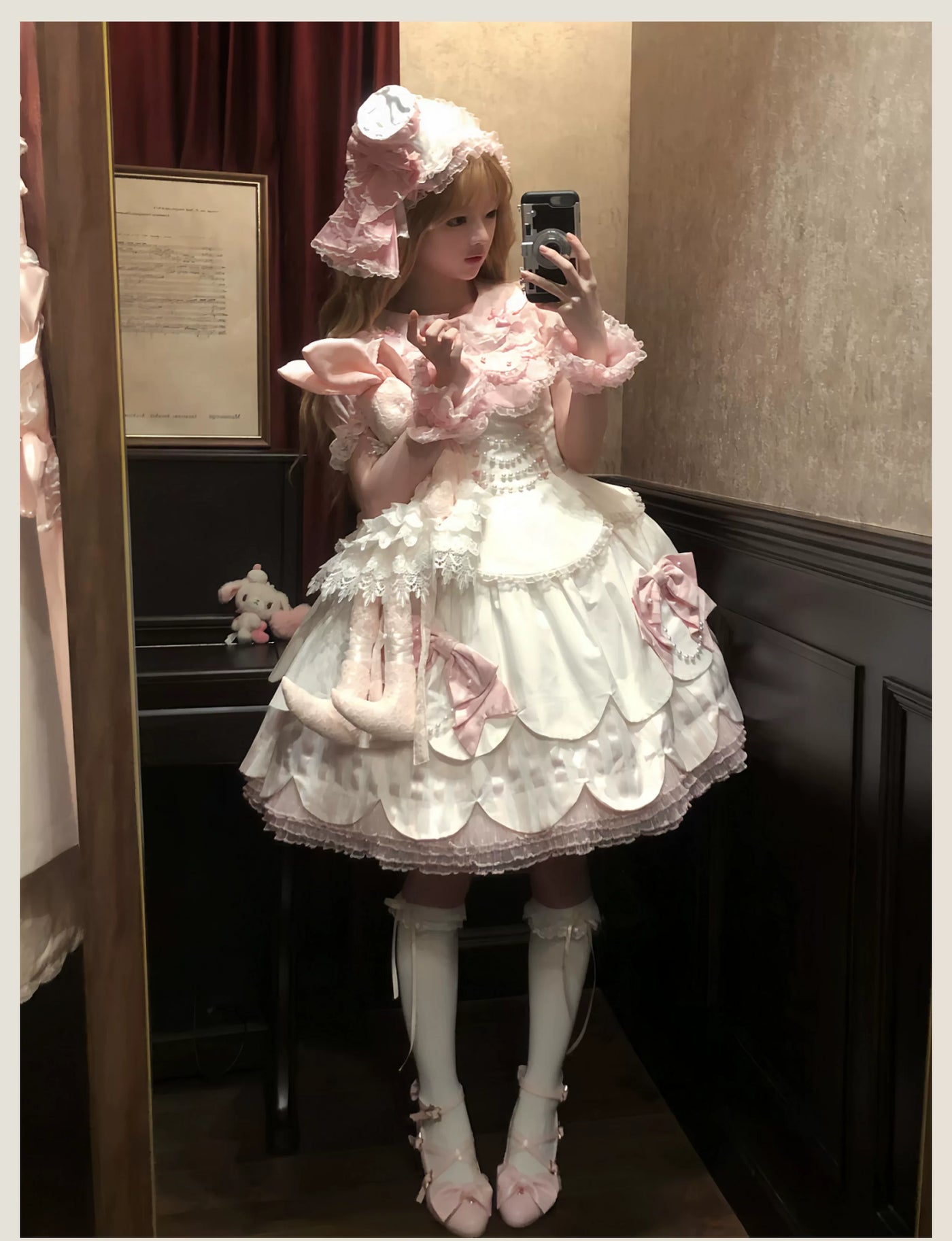 Tata Long Ear - Pearl Princess - White-and-Pink JSK Dress with Pearl Details and Scalloped Layers
