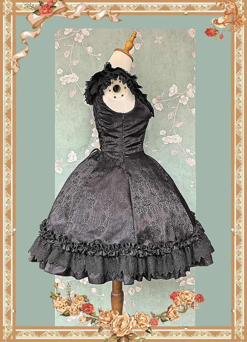 Infanta - Canon Of Floral Melody - Gothic Lolita Black JSK Dress, Jacquard Pattern