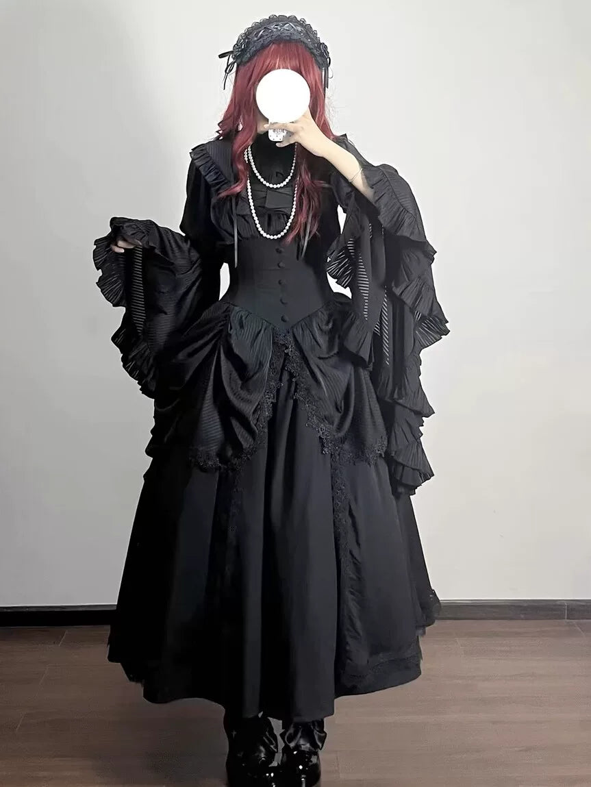Sleepwalking black and white blouse and skirt looks with layered ruffle sleeves.