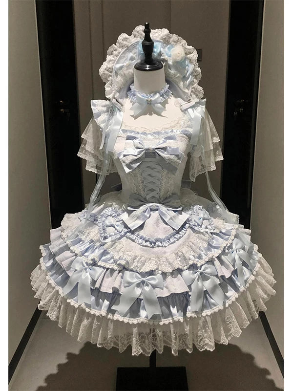 Blue and white Lolita dress with lace, bows and a train, shown front and back