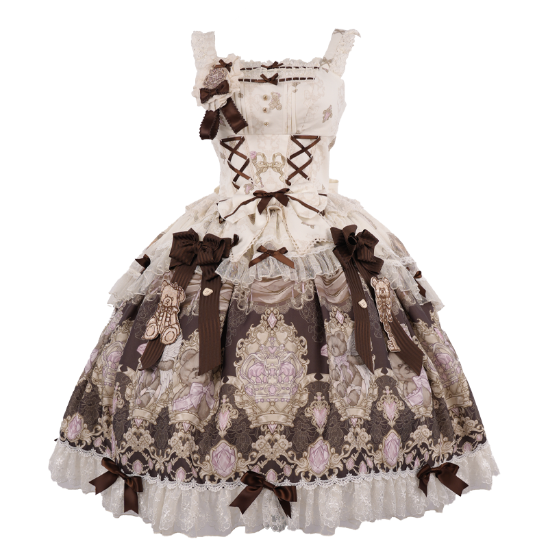 OCELOT - Antique Teddy Bear - Classic Lolita Printed JSK Dress with Ribbon Bows