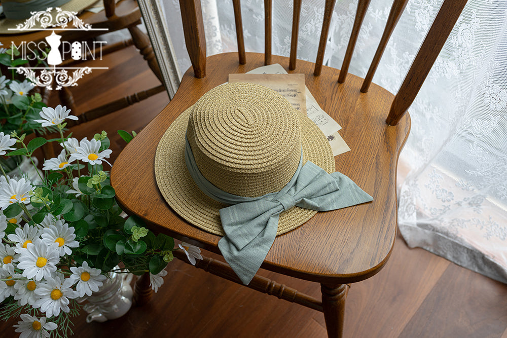 Happy Summer Cute Lolita Hairdband Straw Hat blue-green straw hat