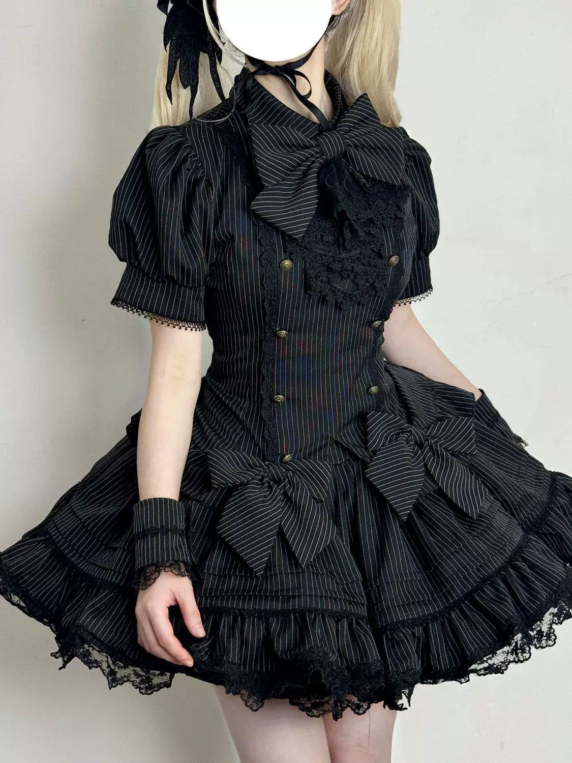 Sweetheart Dream Machine - Phantom Doll Stripe - Gothic Lolita Set with Short-Sleeve Pinstripe Top