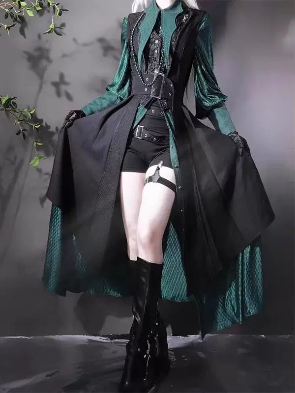 Green and black long vest and shirt set with layered prince-style panels