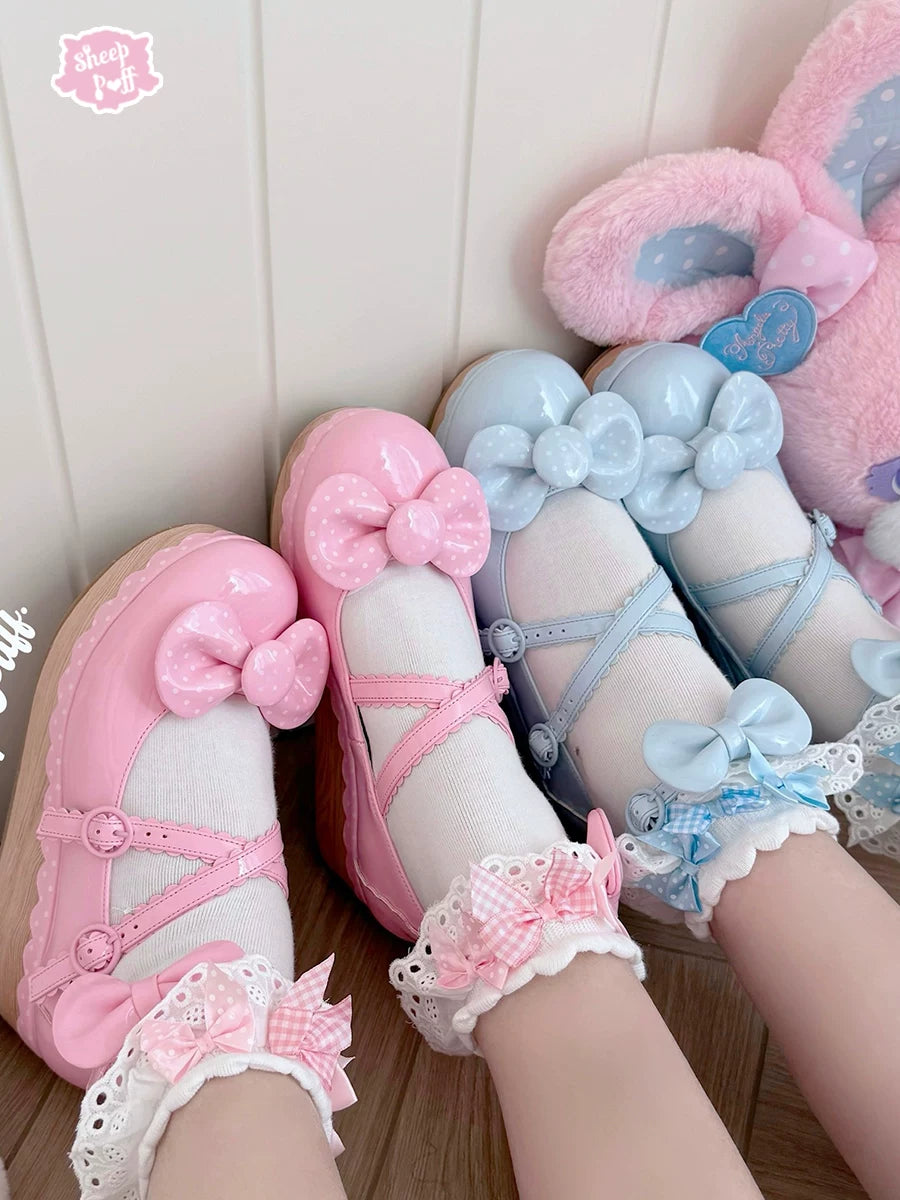 Sheep Puff vintage polka dot platform Lolita shoes with rounded toe and sturdy heel, featuring a cute, classic design.