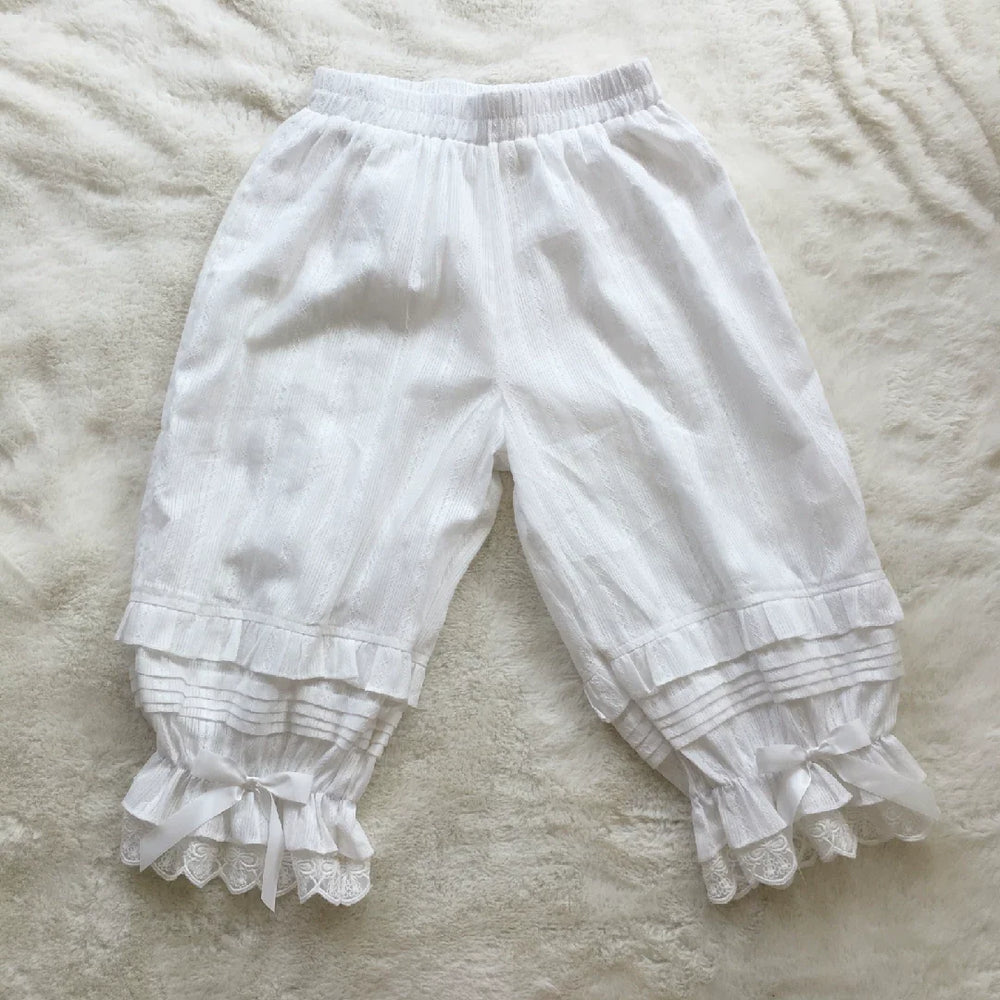 Twelve Meow sweet Lolita white bloomers with accordion pleats, bows and lace cuffs