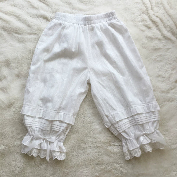 Twelve Meow sweet Lolita white bloomers with accordion pleats, bows and lace cuffs