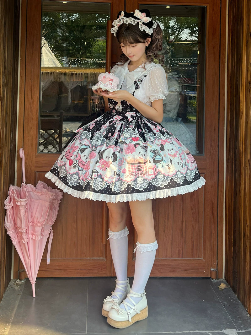 Yanran - Sweet Puppy Print Lolita OP - One-piece Sweet Lolita dress