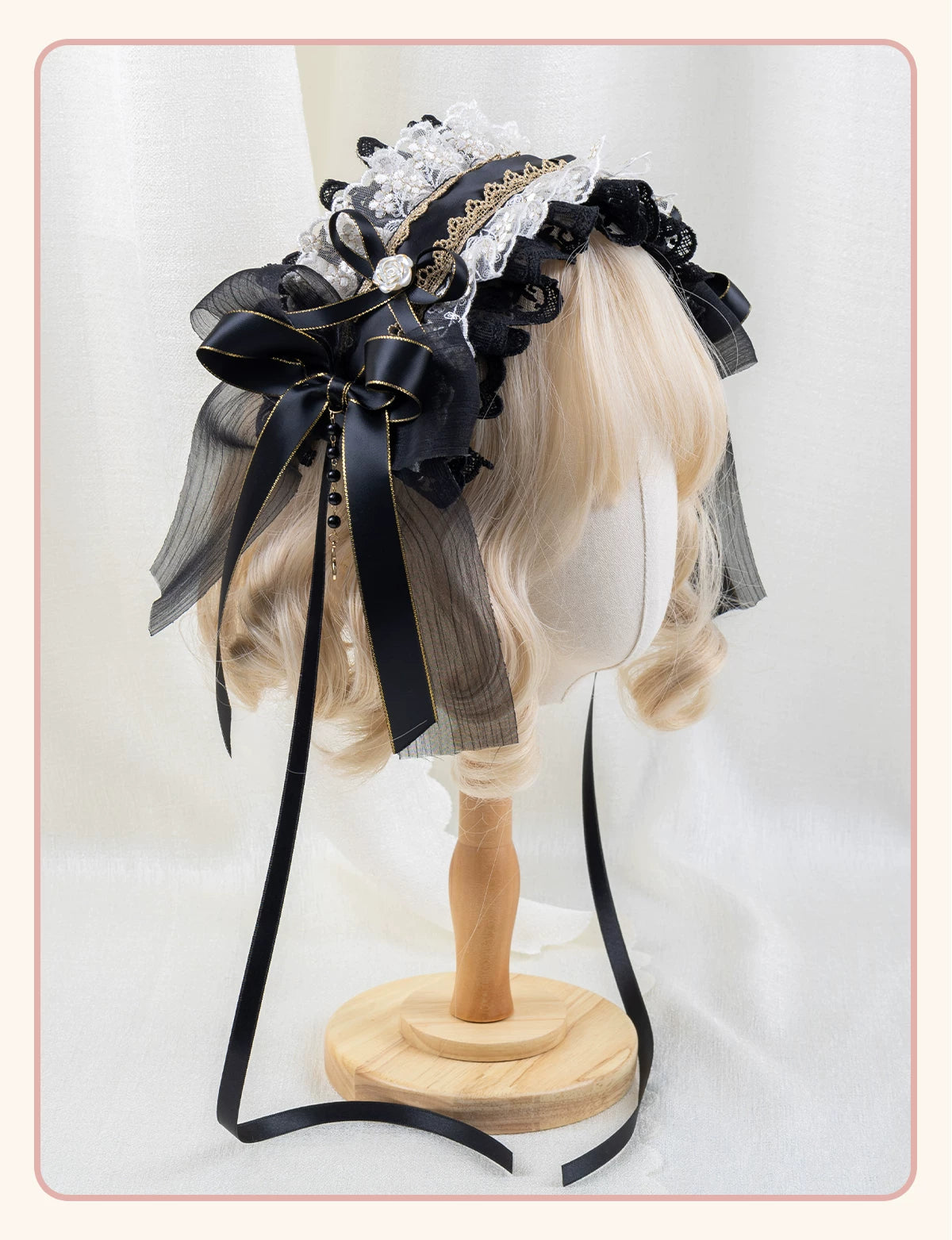 Stardust Rose - Night Banquet - Black-and-Gold Lolita Headwear with Lace and Bows