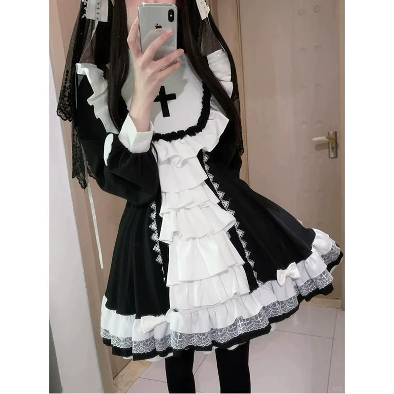Creamy - Gothic Nun - Black-and-White Short Lolita Dress with Ruffled Bib