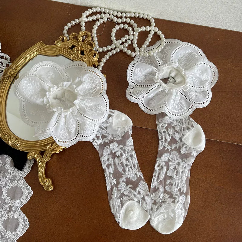 White sheer floral lace mid-calf Lolita sock with ruffled cuff
