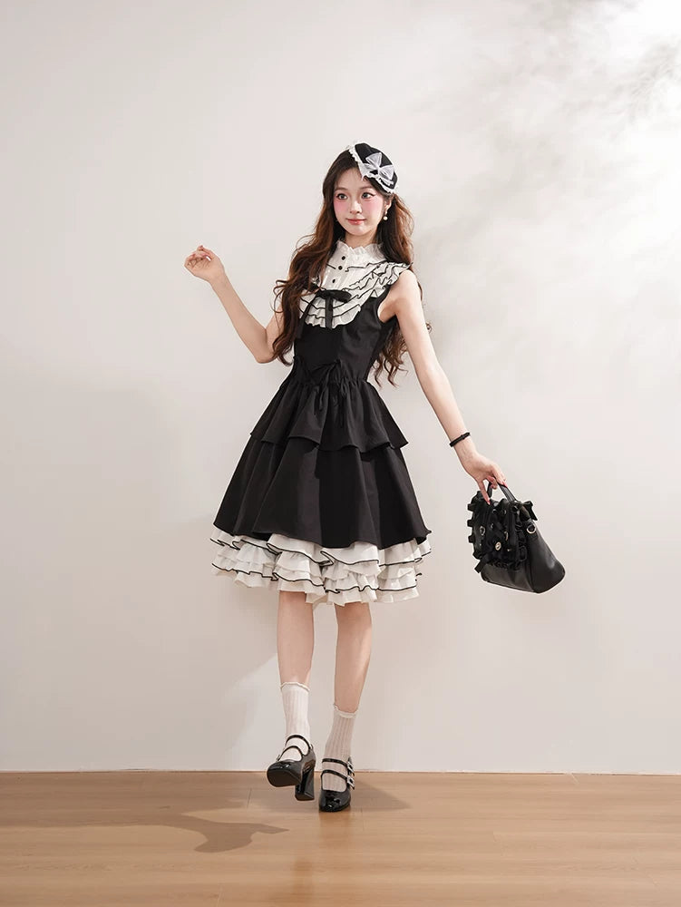 Miyou - Monochrome Polka-Dot Ruffle - Black-and-White Polka-Dot Paneled JSK Dress with Layered Ruffles