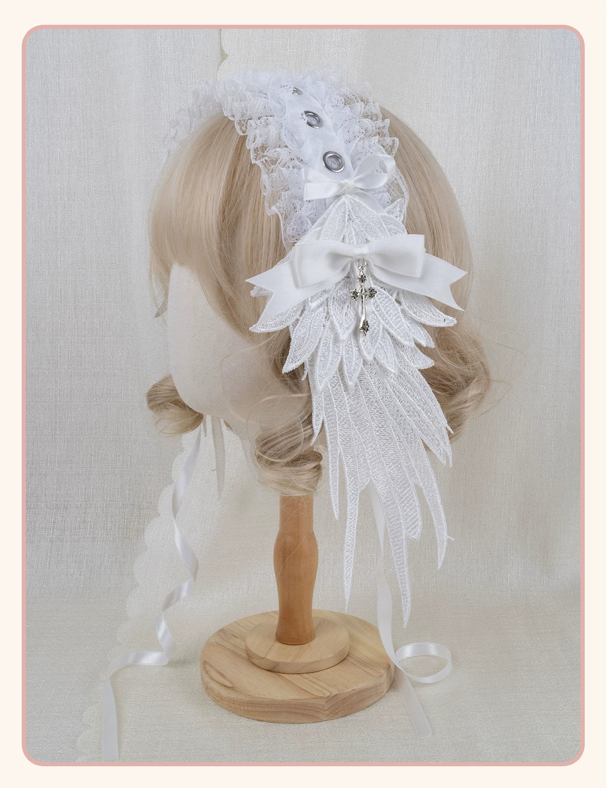 Stardust Rose - Winged Cross - Black-and-White Lace Headband with Wings and Cross Details