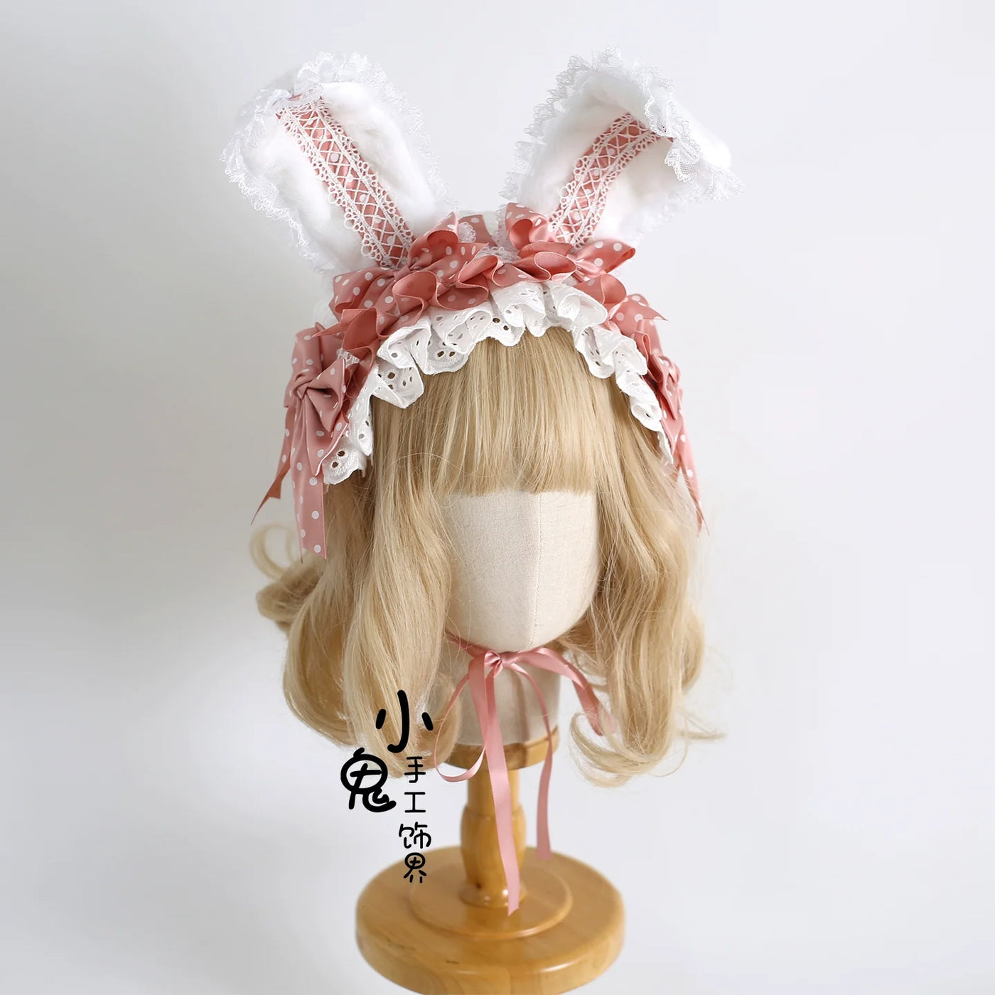 Xiaogui - Sweet Lolita Polka Dot Lace Hairband - Shapeable Bunny Ears Headwear