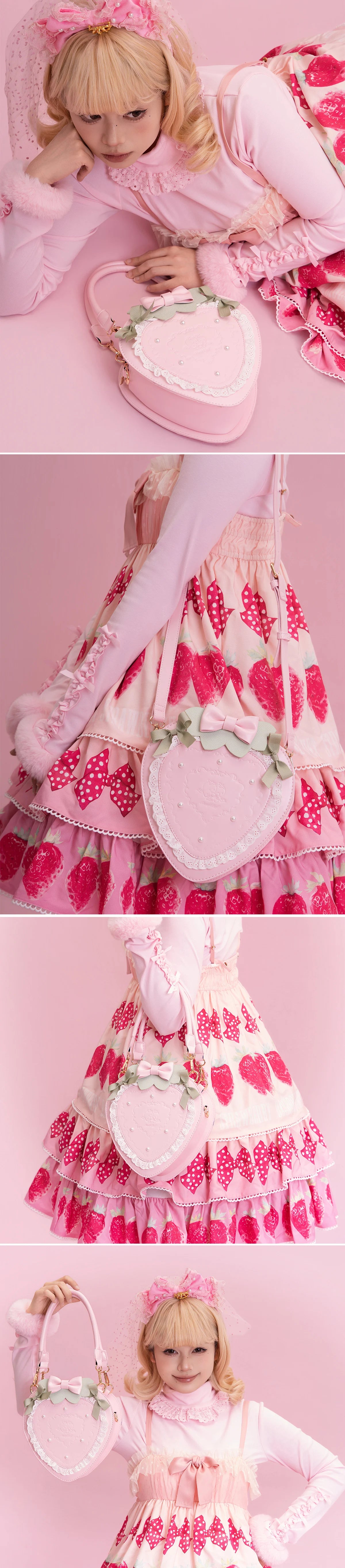 sheeppuff - Strawberry Heart - Heart-Shaped Bag with Lace and Pearl Details