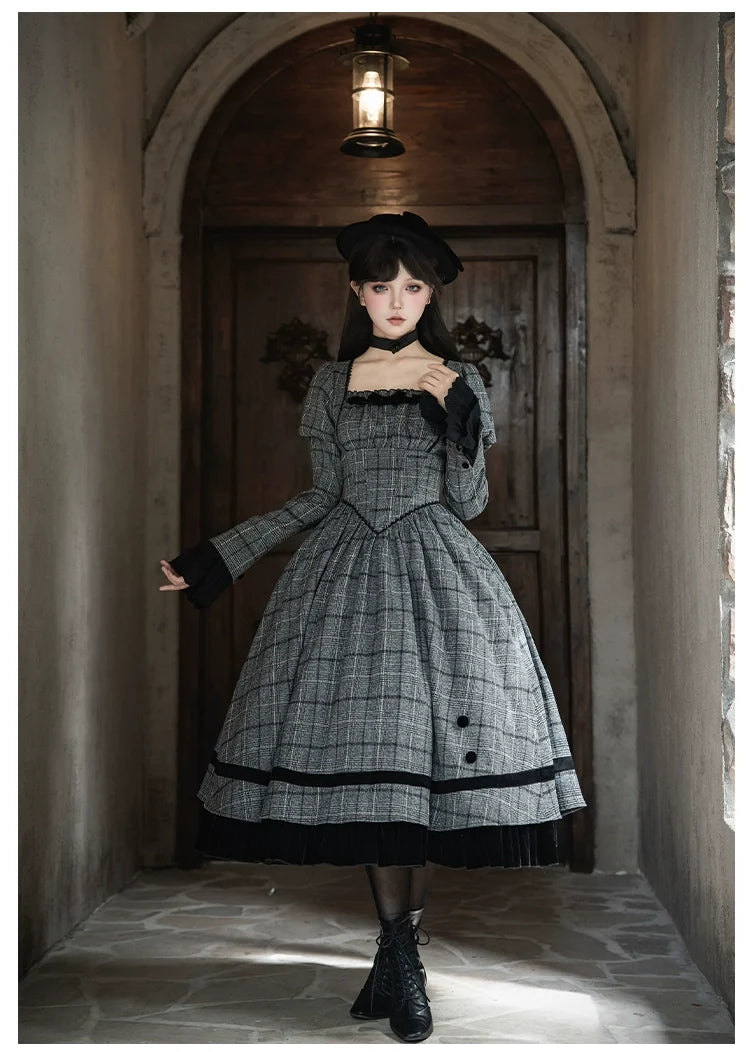 With PUJI - Yesterday's Epistle - Winter Classic Lolita Plaid Dress Set, Fishbone Waist