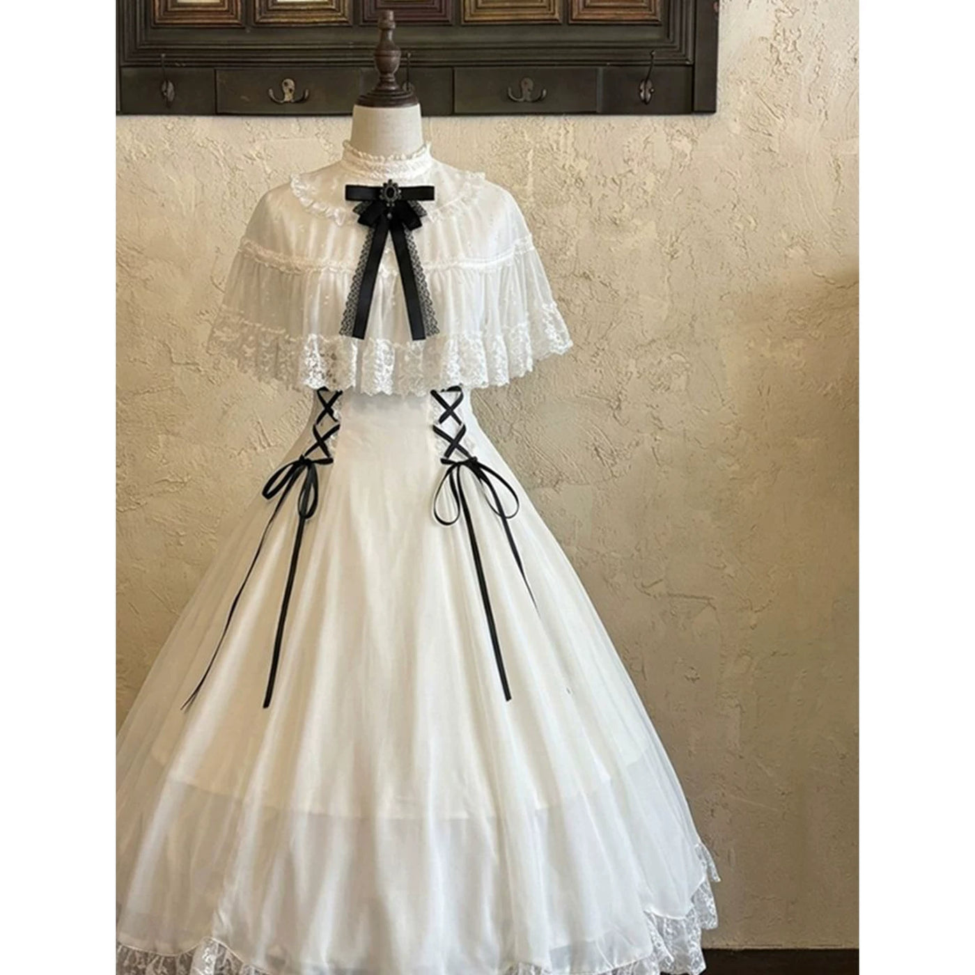 Creamy - Clean Atmosphere - White OP Dress with Black Ribbon Lacing