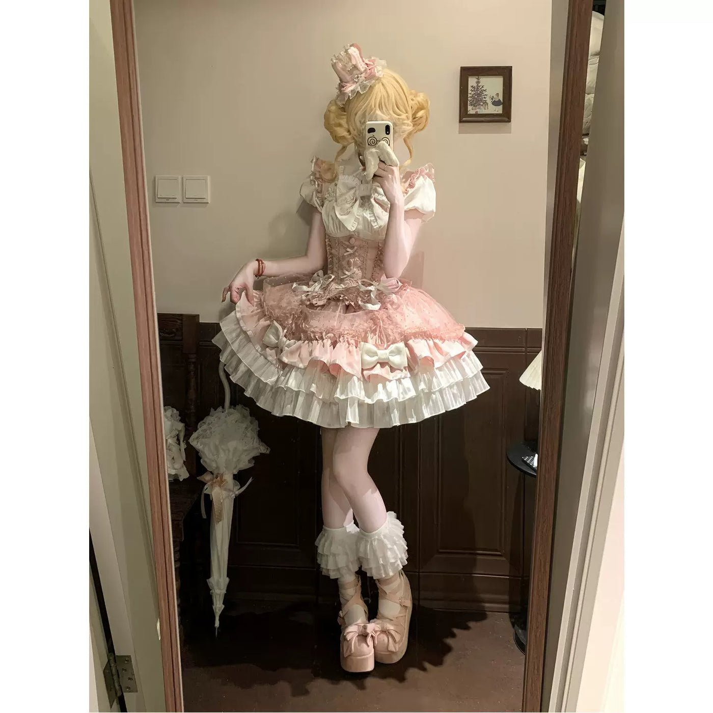 Creamy - White-Pink Heartbeat - Three-Piece Blouse and Bust-Support Skirt Set with Large Bow