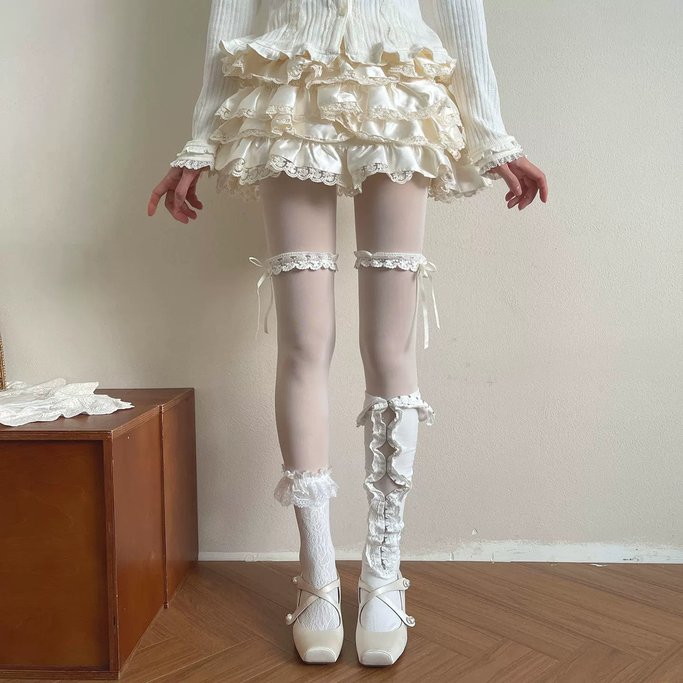 Sock Noble - White Lace Layering - Tights and Mid-Calf Socks with Vertical Stripes