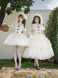 With PUJI - White Mist Promise - Classic Lolita Corset OP Set, Edwardian Collar & Tiered Hem - 长op3点set (长op+接袖+来信与诗·告白诗发带) 现货 / S