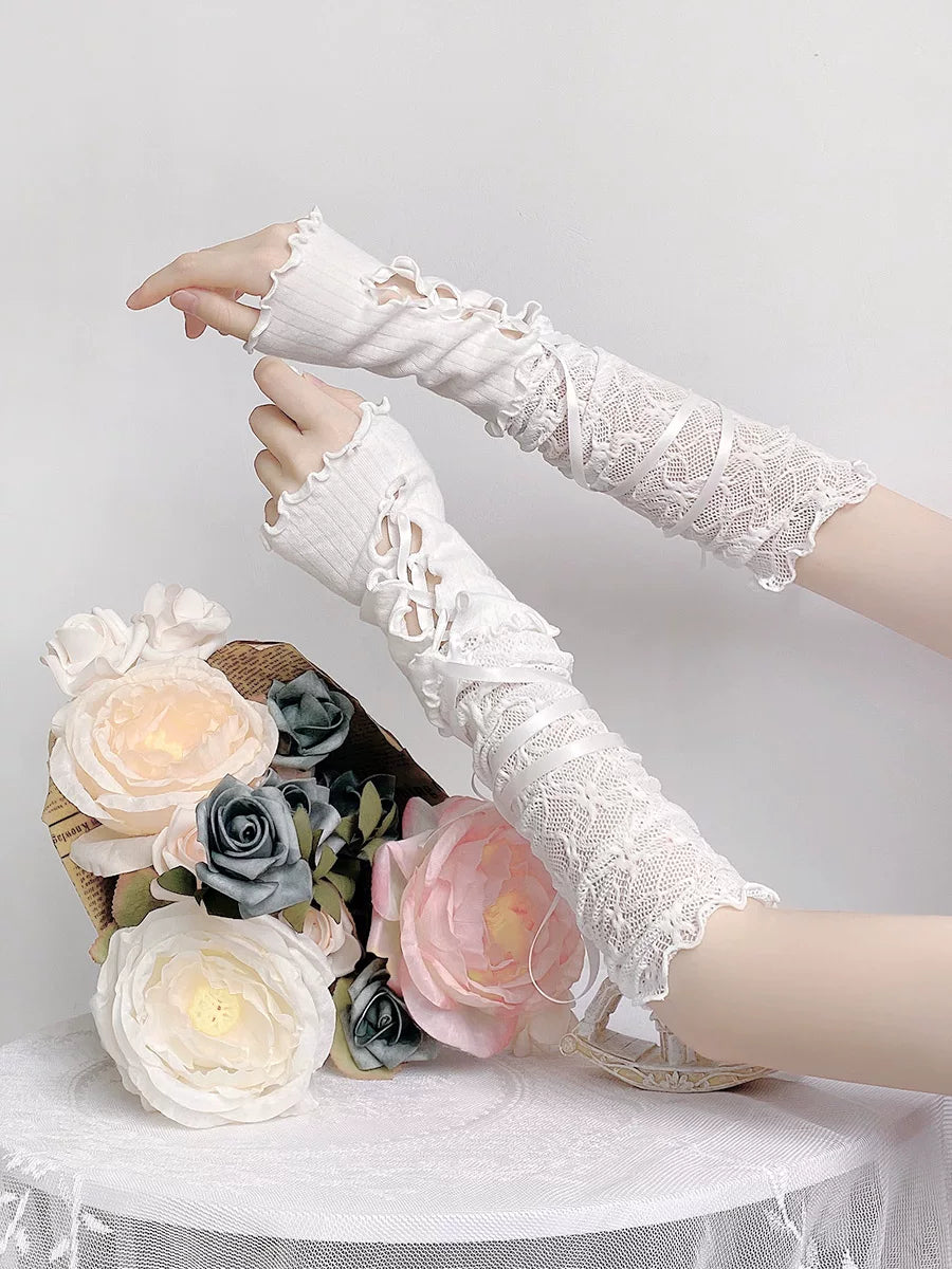 Floral Milk Cat - Lace Ribbon - Two-Piece Fingerless Arm Sleeves with Ribbon Ties