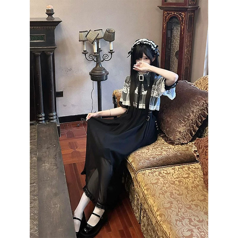 Creamy - Gothic Lolita Midi Dress - Black short-sleeved Lolita dress