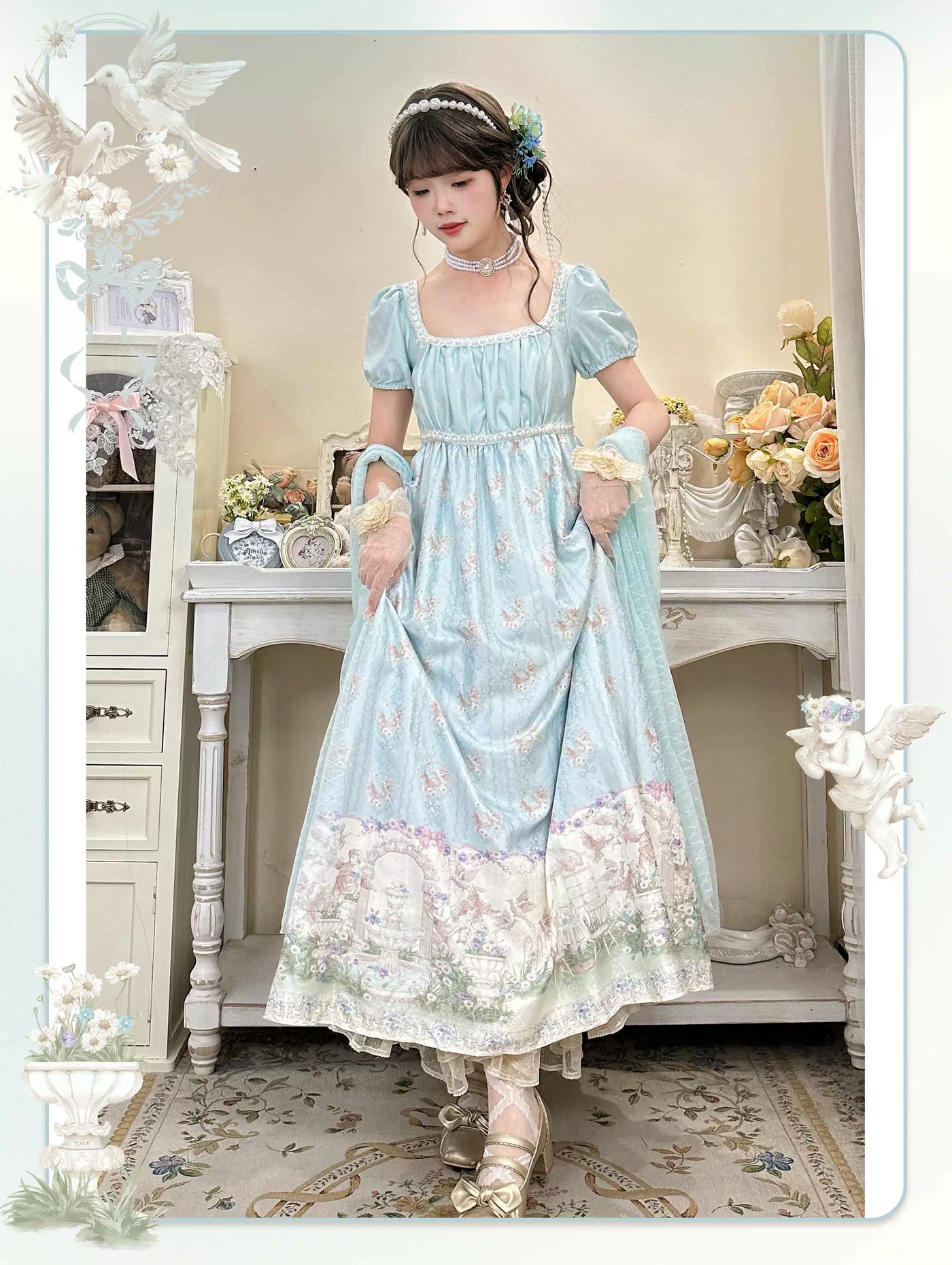 Cat Upon Cat - Angel Garden - Empire-Waist One-Piece Dress with a Garden Scene Hem