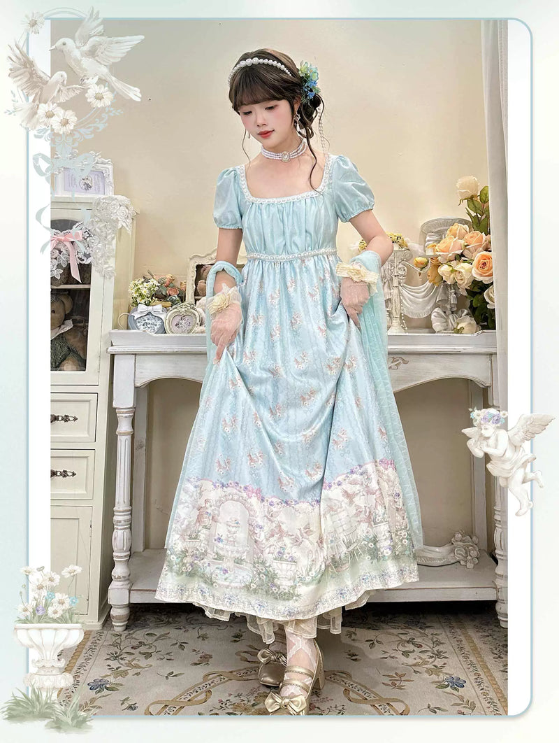 Cat Upon Cat - Angel Garden - Empire-Waist One-Piece Dress with a Garden Scene Hem