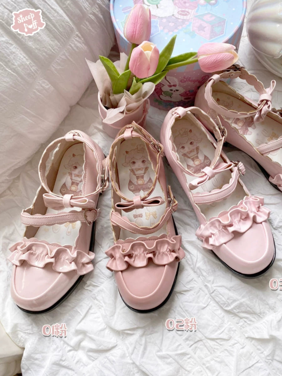 Sheep Puff Melulu Lolita shoes in new color, featuring cute, rounded design with soft pastel accents and decorative bows.