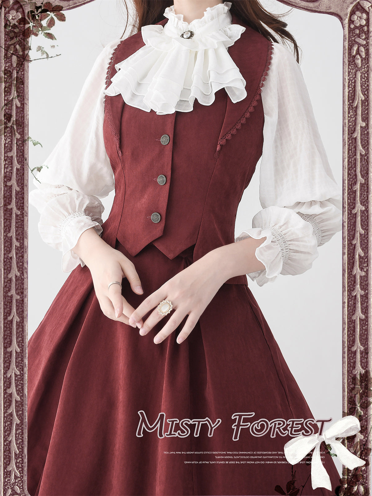 Misty Forest - Elegant Vintage Fishbone Lolita Long Skirt & Vest S Retro Red Vest Only