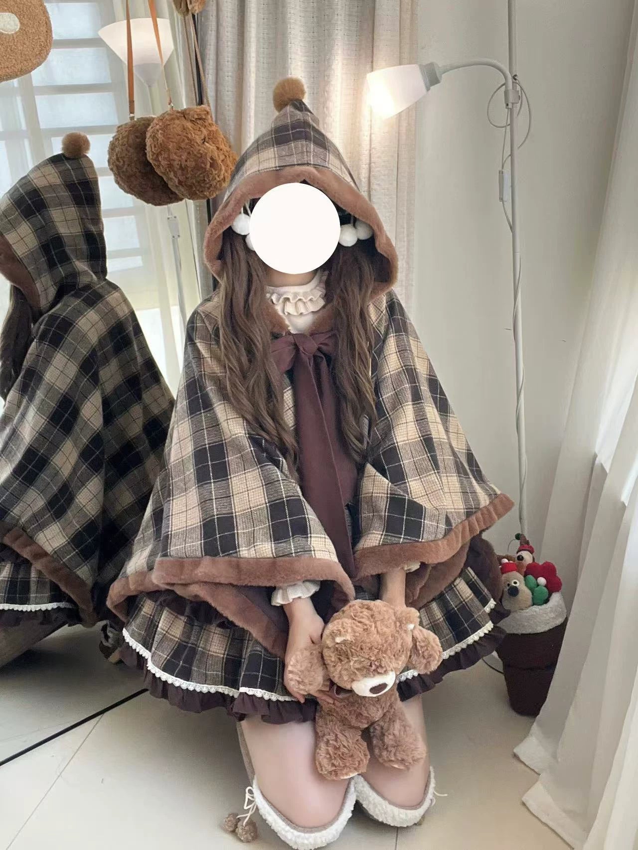 Thousand Wood - Waffle - Brown Plaid Cape with Contrast Trim
