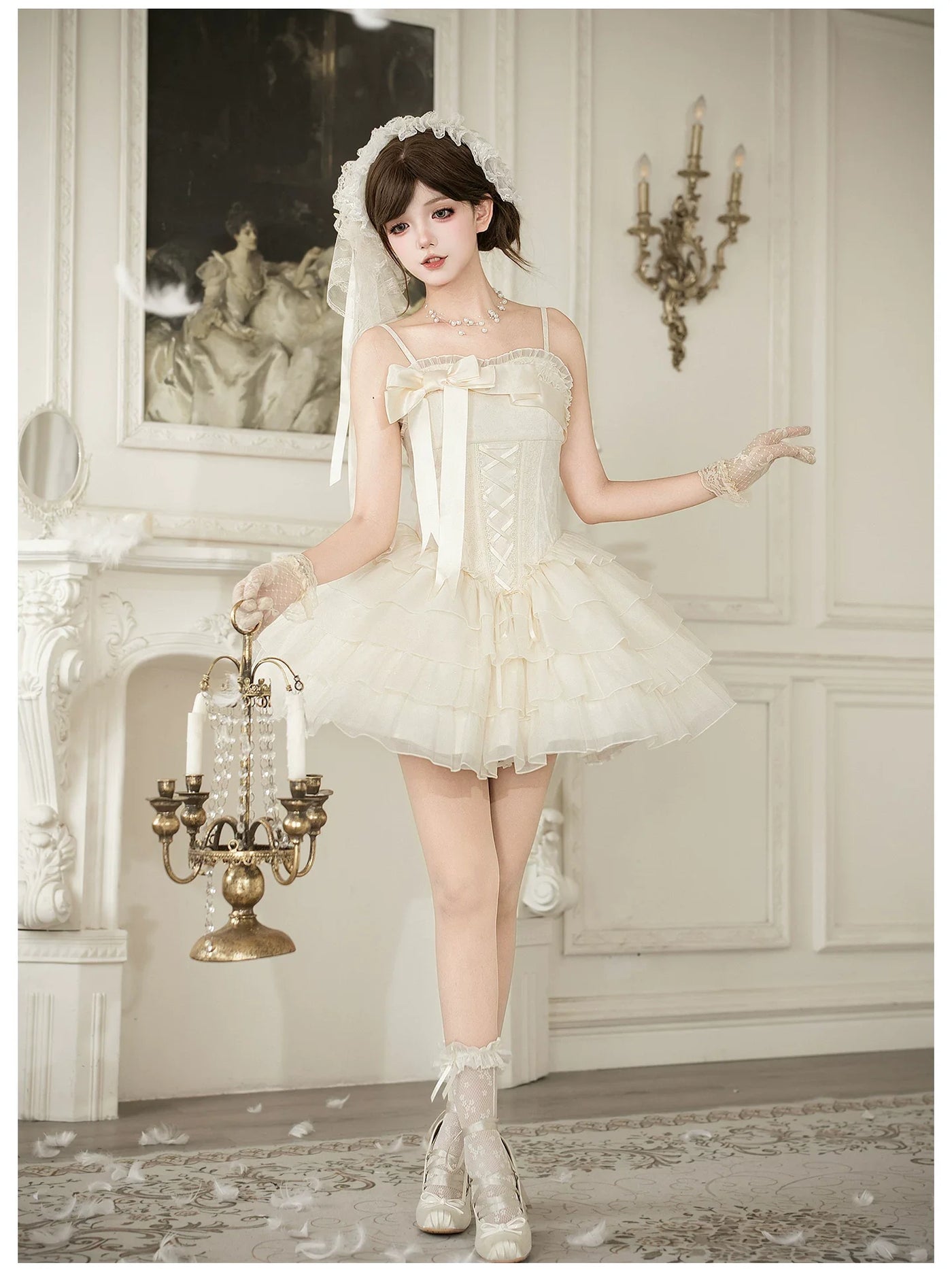 With PUJI - MistKiss Lily - Classic Lolita Tiered Hem JSK Dress, Fishbone Waist