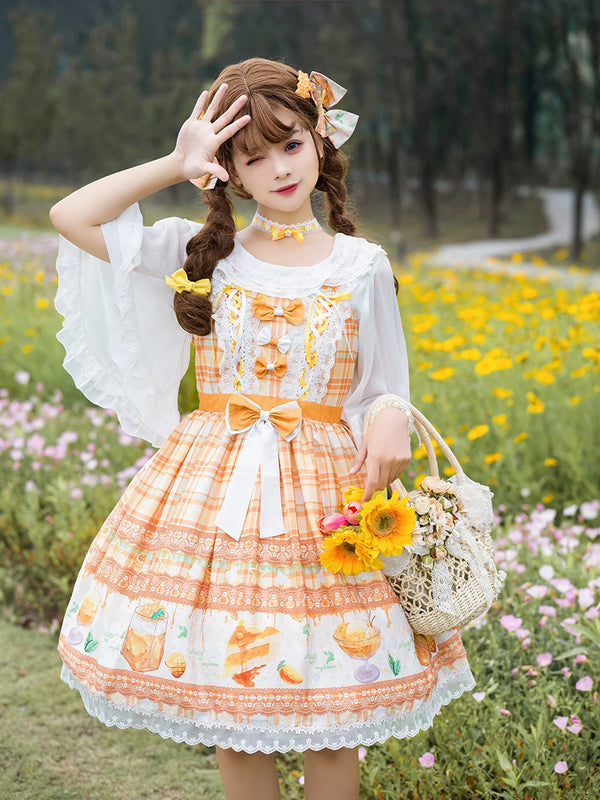 Ginger-yellow sweet Lolita JSK with dessert print and bow details