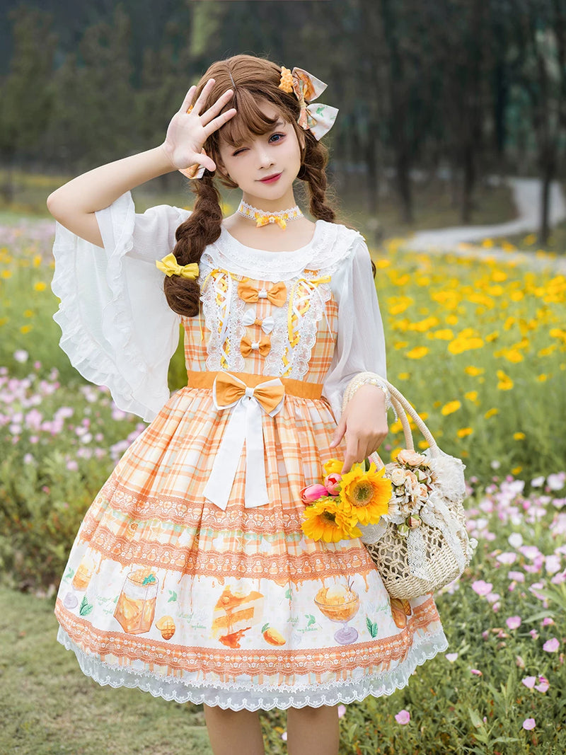 Ginger-yellow sweet Lolita JSK with dessert print and bow details