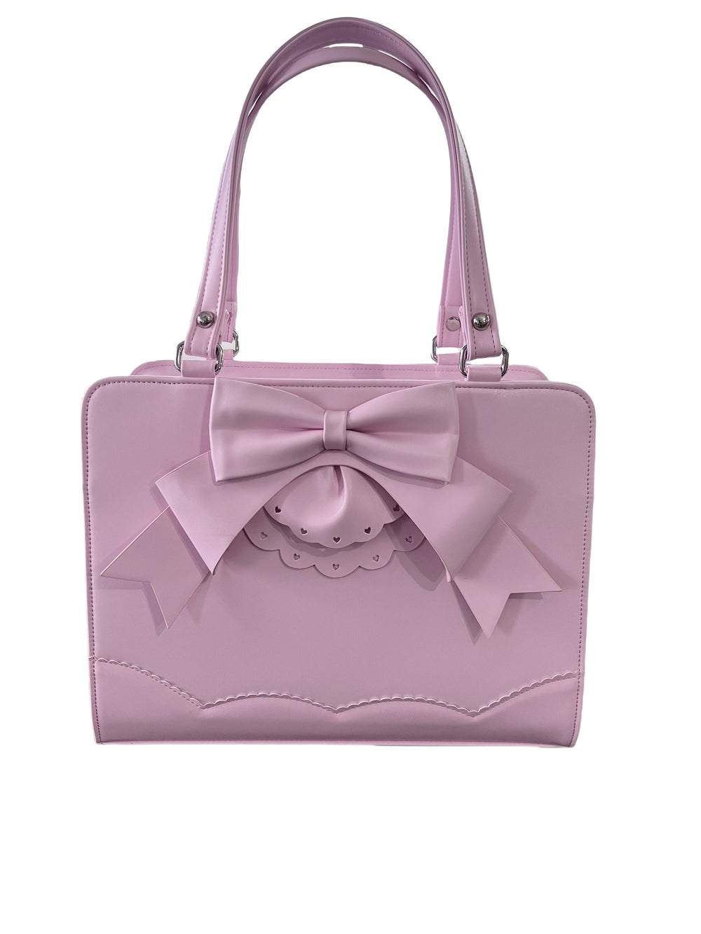 Pure Pink Lolita shoulder bag with a large bow and scalloped detail on white