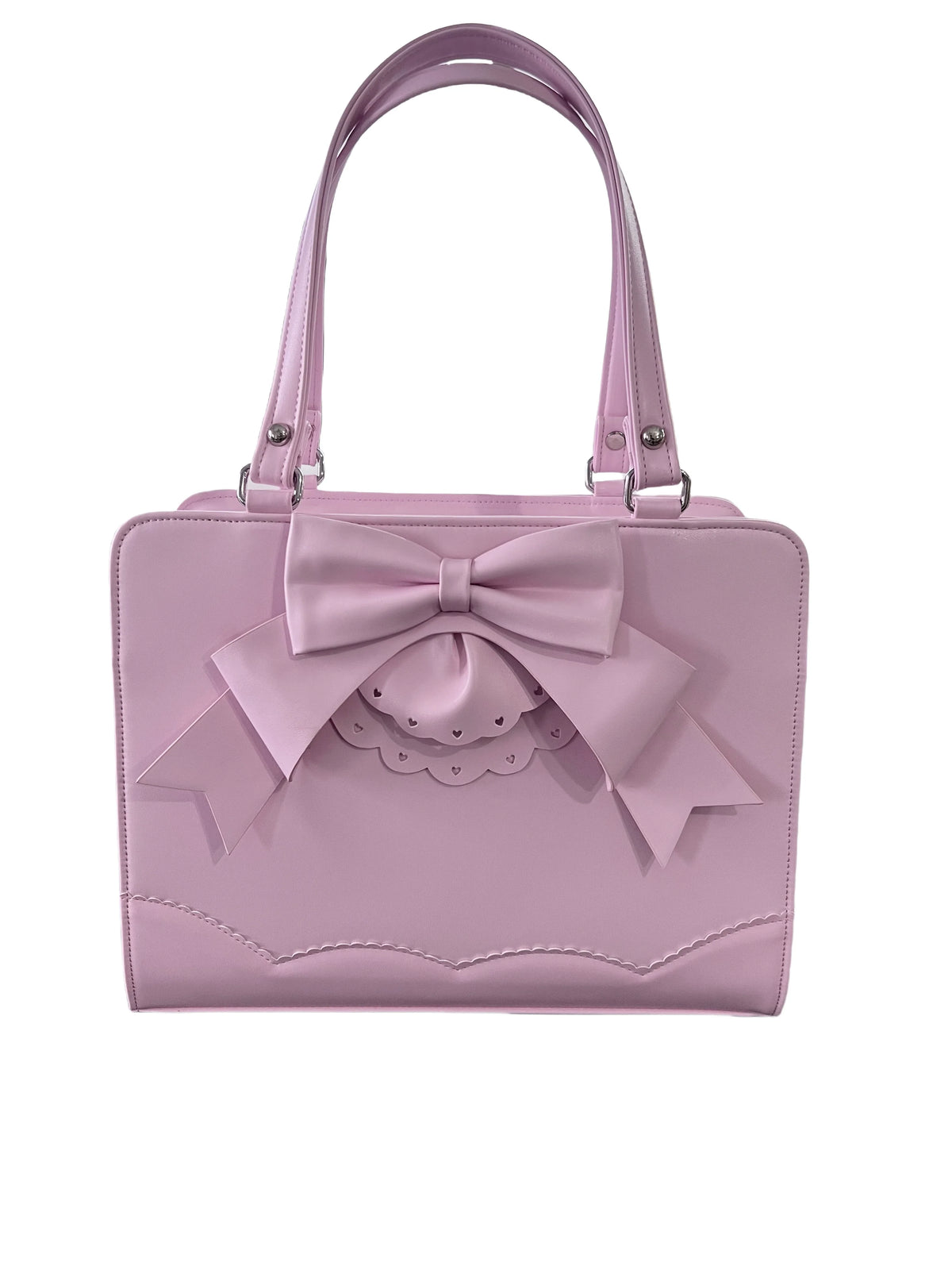 Pure Pink Lolita shoulder bag with a large bow and scalloped detail on white