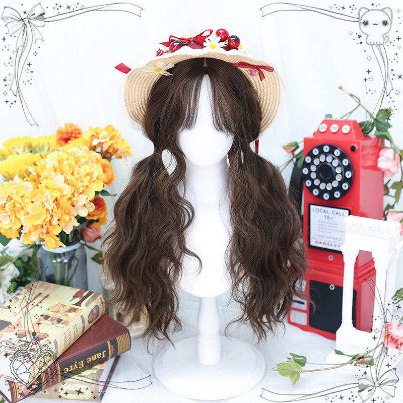 Dalao Home - Waffle - Lolita Splayed Bangs Curly Wig dark brown wig with a hairnet