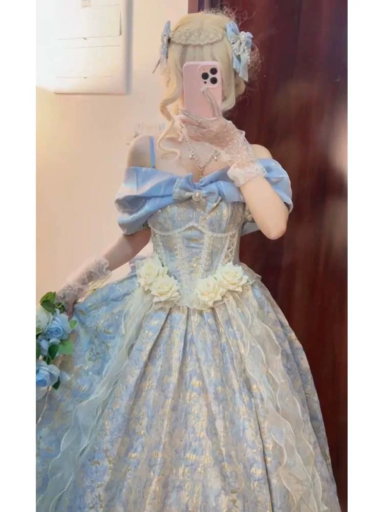 Flora Muse - Romantic Lolita Ballgown - Blue off-shoulder one-piece