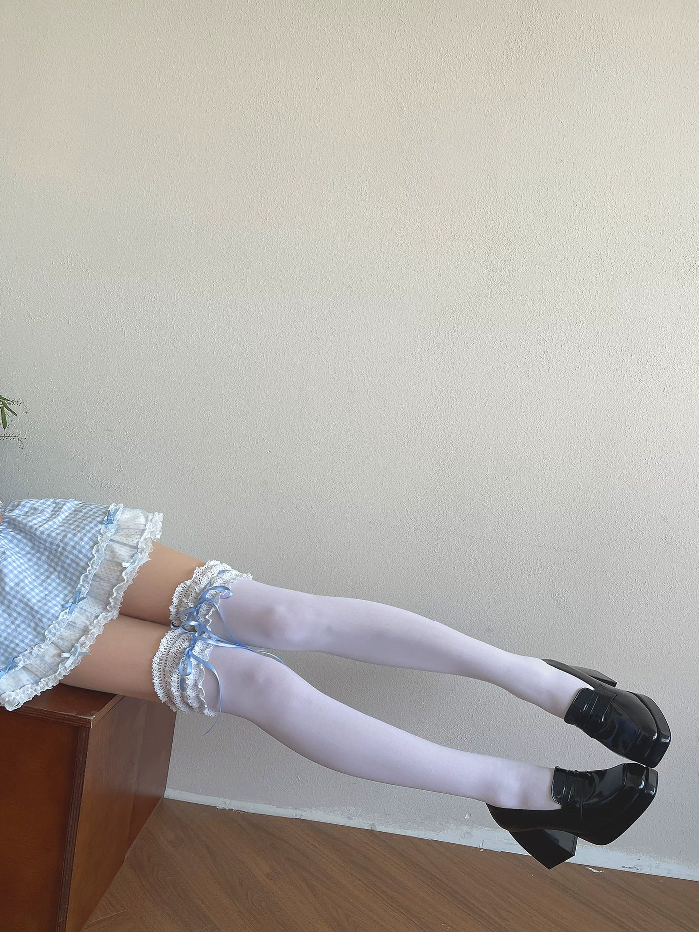 Sock Noble - Blue Ribbon Lace - Velvet Over-the-Knee Socks with Lace Trim