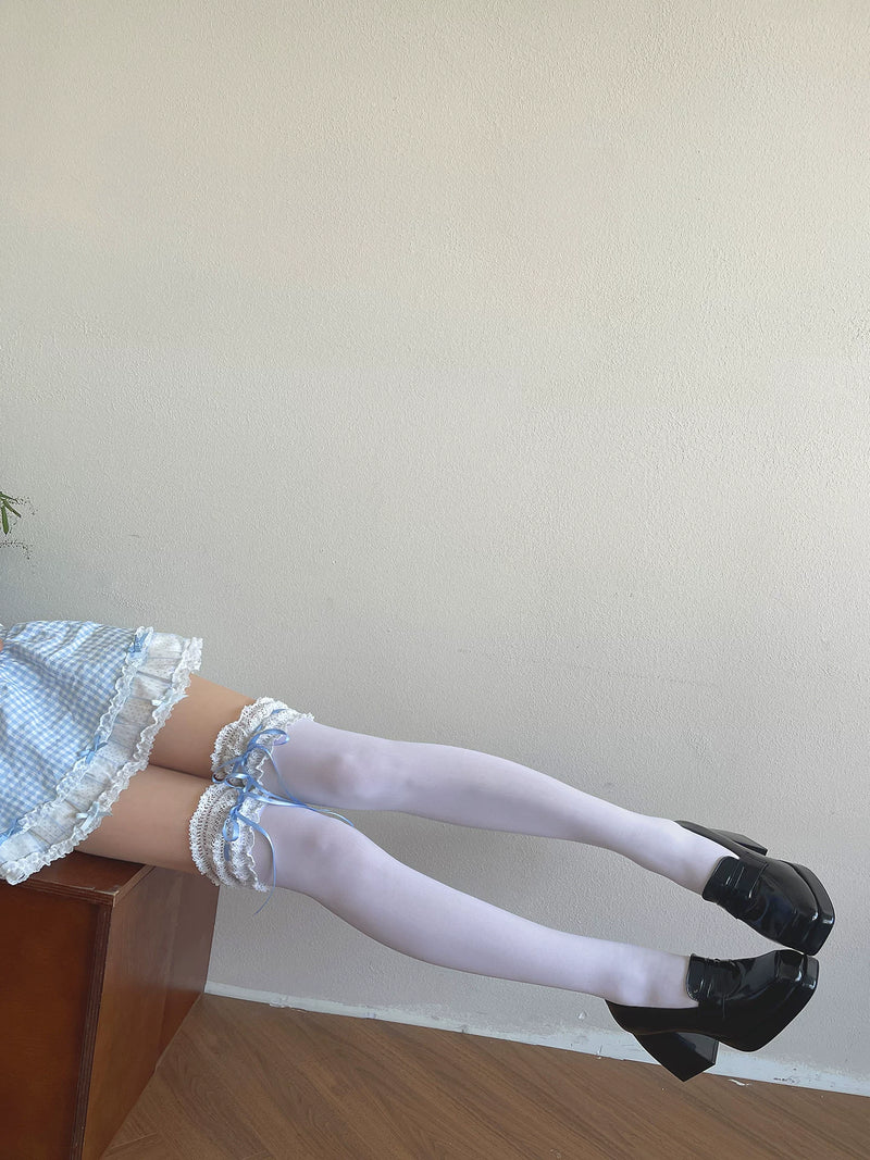 Sock Noble - Blue Ribbon Lace - Velvet Over-the-Knee Socks with Lace Trim
